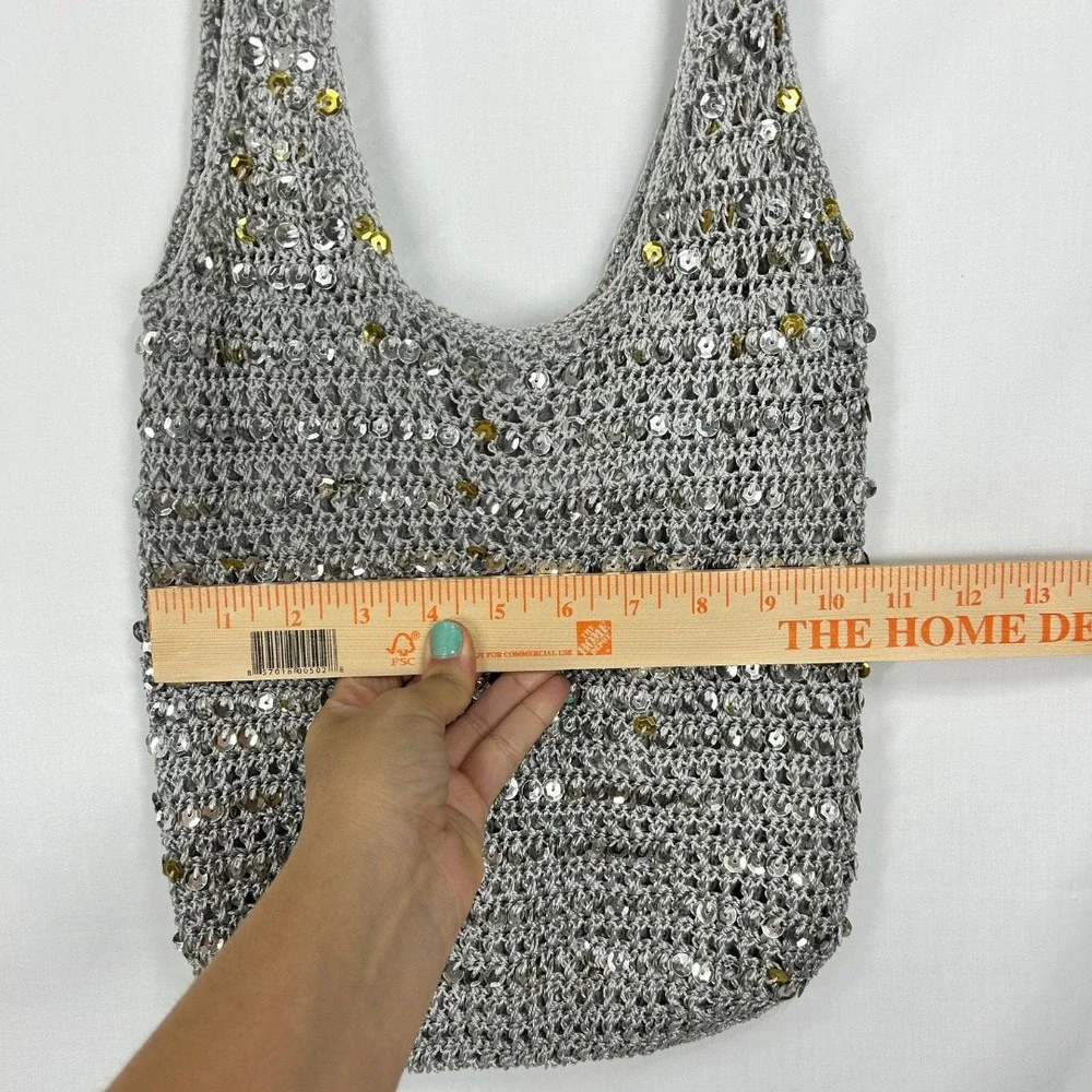 Vintage Y2K Silver Sequin Knit Open Mesh Shoulder Bag Metallic Crochet Hobo Tote